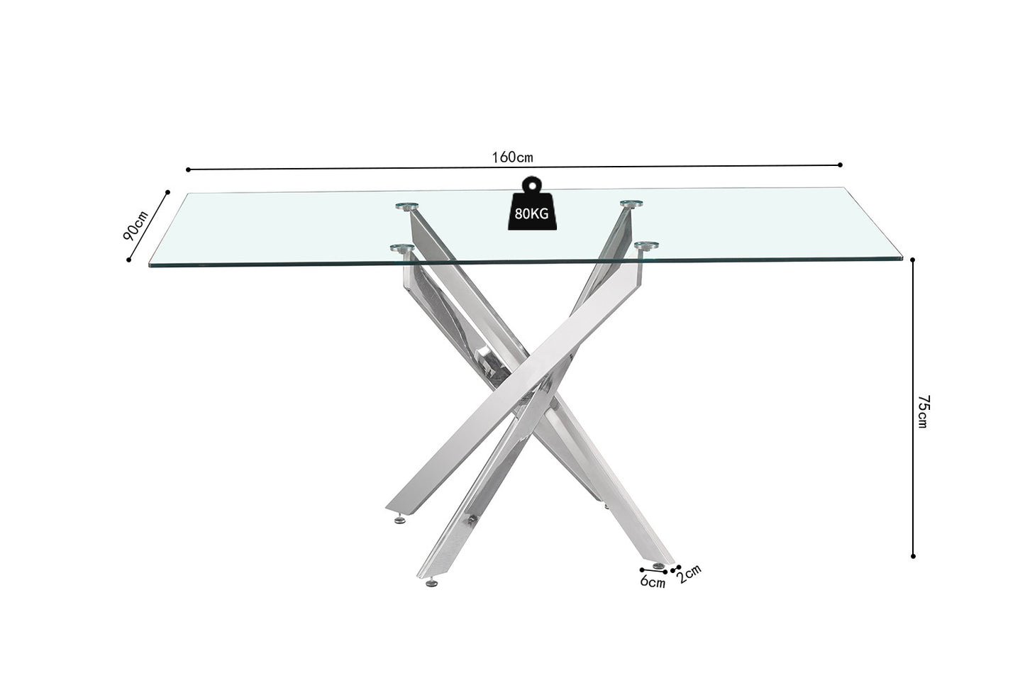 Tafel 'Lasi' 160 cm Glas, Poten Chroom